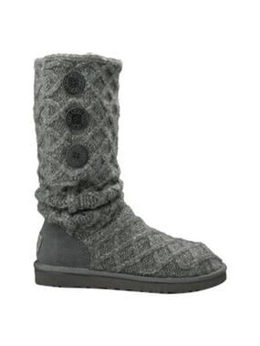 Ugg Lattice Cardy Gray Knit Sweater Boots Button Side Slip On Tall Size 6